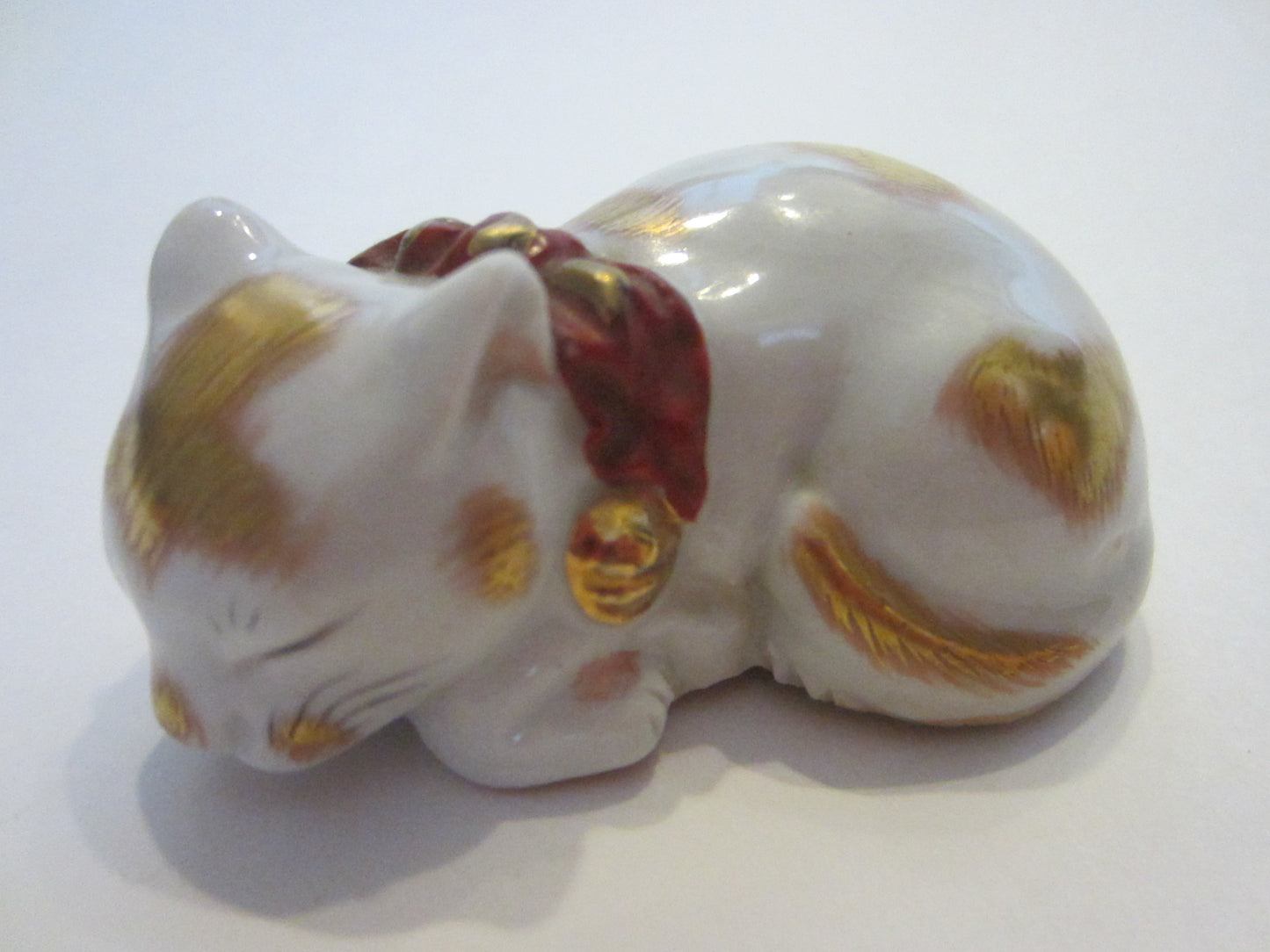 Japanese Ceramic Cat Signed Gold Decorated Red Accent Miniature Art - Designer Unique Finds 