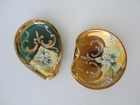 Venetian Glass Dishes Decorated Gold Floral Enameling - Designer Unique Finds 