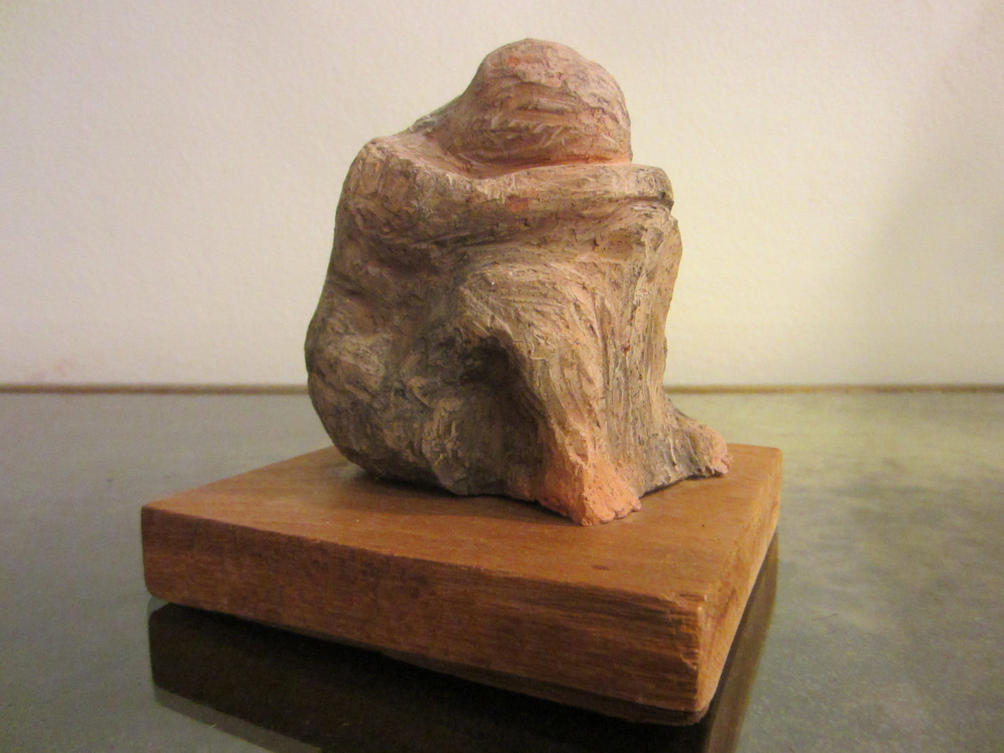 The Thinker Abstract Folk Art Terracotta Sculpture On Natural Wood - Designer Unique Finds 