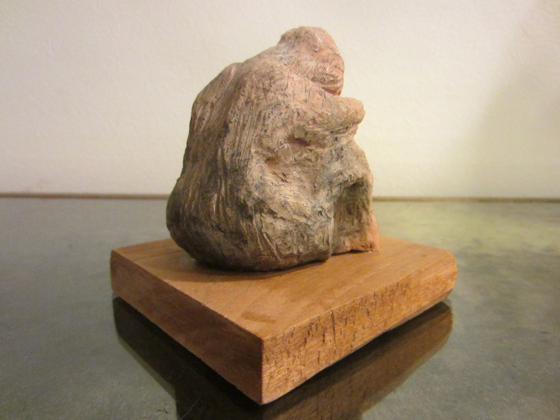 The Thinker Abstract Folk Art Terracotta Sculpture On Natural Wood - Designer Unique Finds 