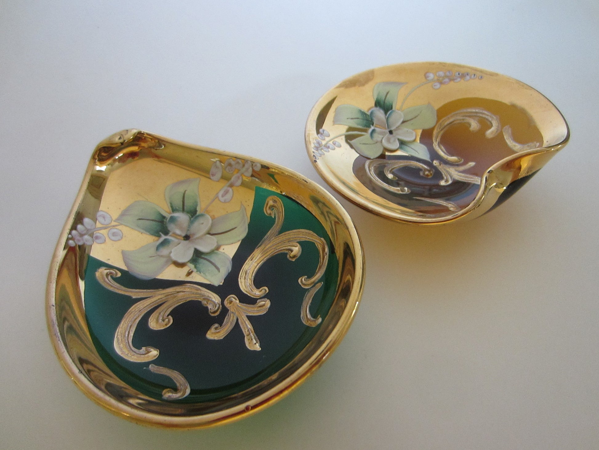 Venetian Glass Dishes Decorated Gold Floral Enameling - Designer Unique Finds 