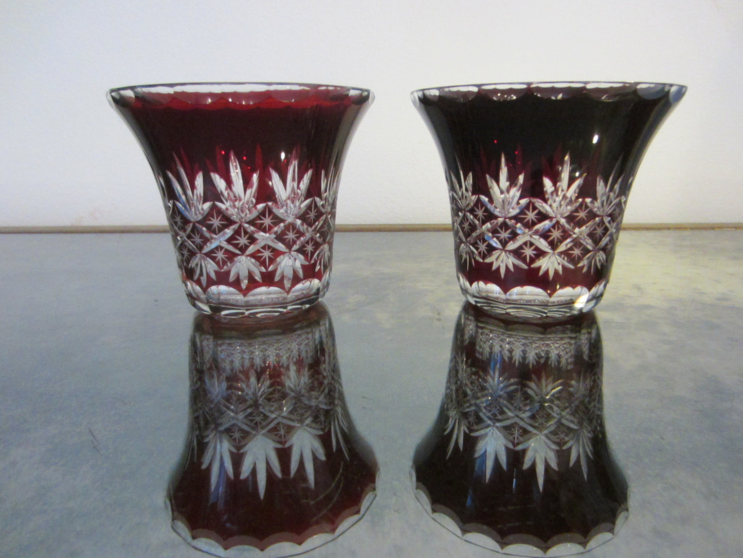 Cut Overlay Burgundy Glass Bowls Clear Finger Loop - Designer Unique Finds 