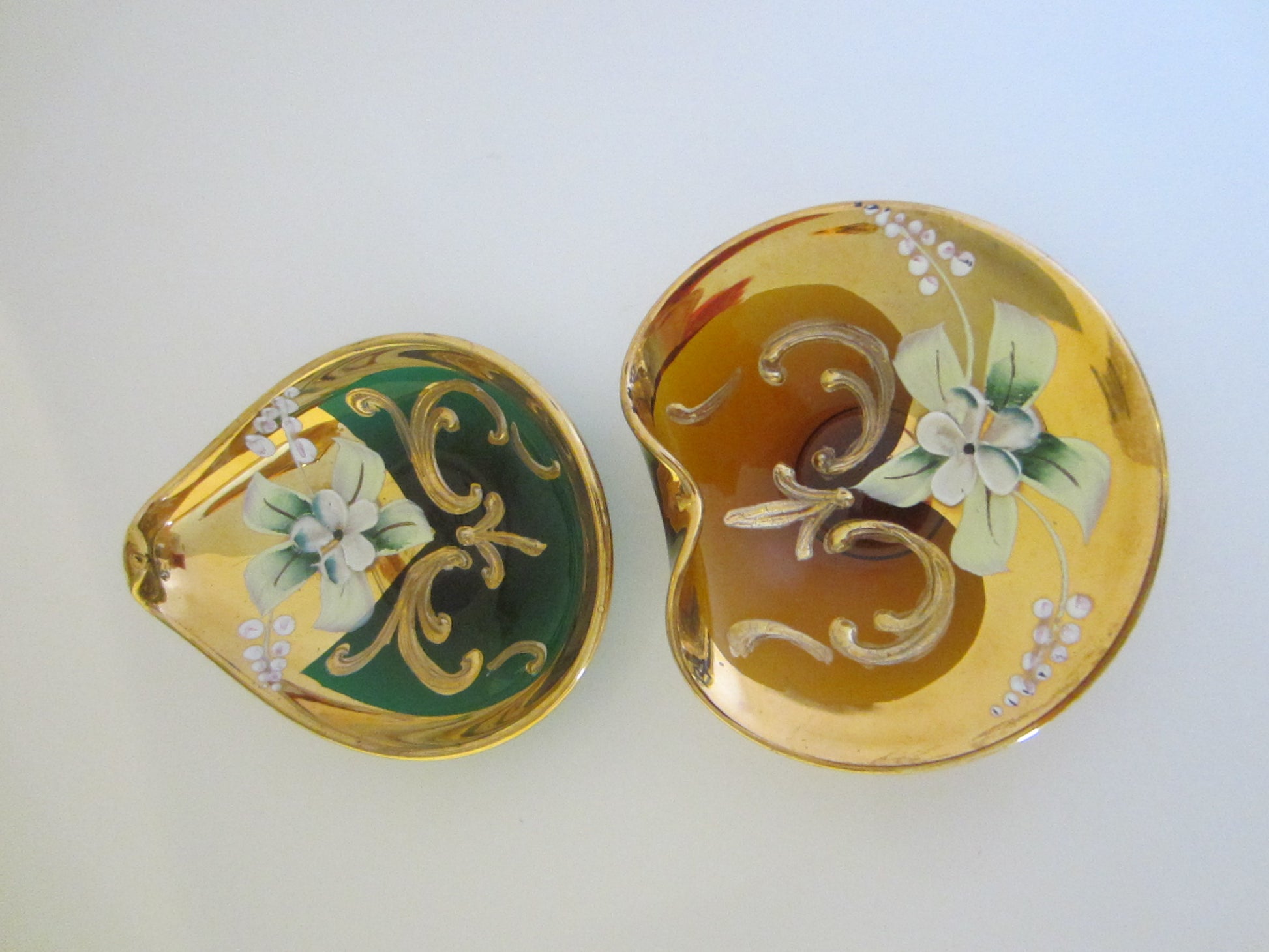 Venetian Glass Dishes Decorated Gold Floral Enameling - Designer Unique Finds 