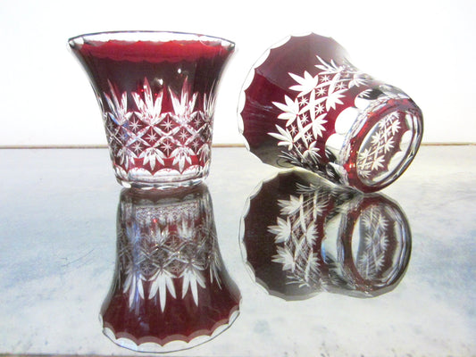 Cut Overlay Burgundy Glass Bowls Clear Finger Loop - Designer Unique Finds 