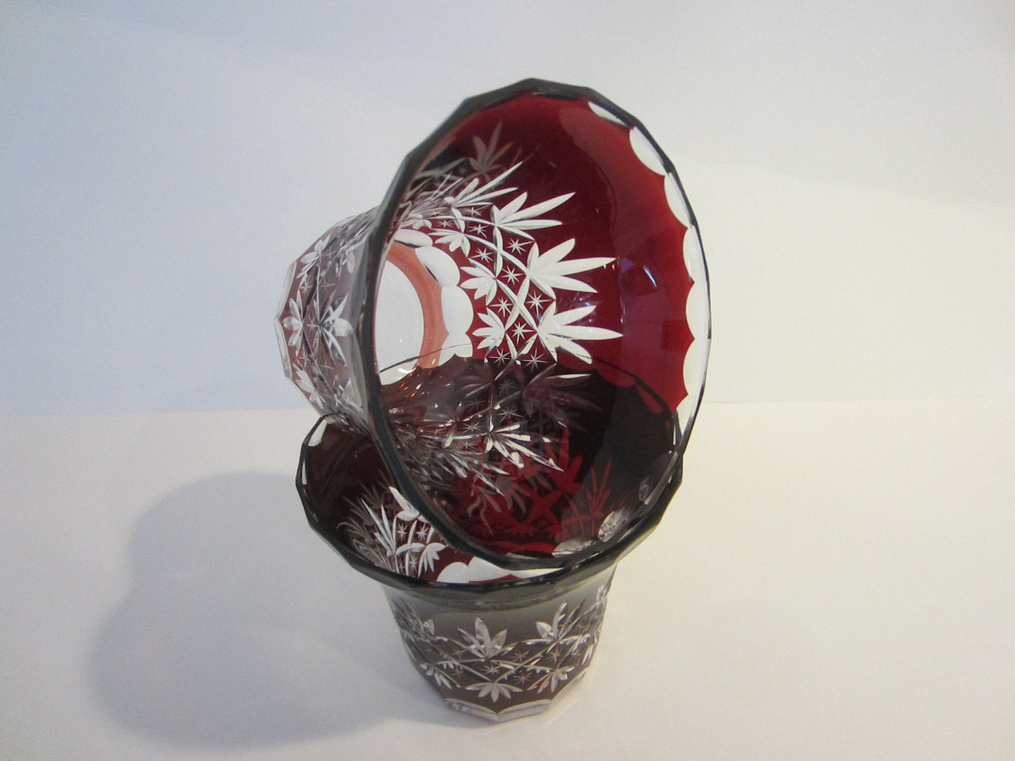 Cut Overlay Burgundy Glass Bowls Clear Finger Loop - Designer Unique Finds 