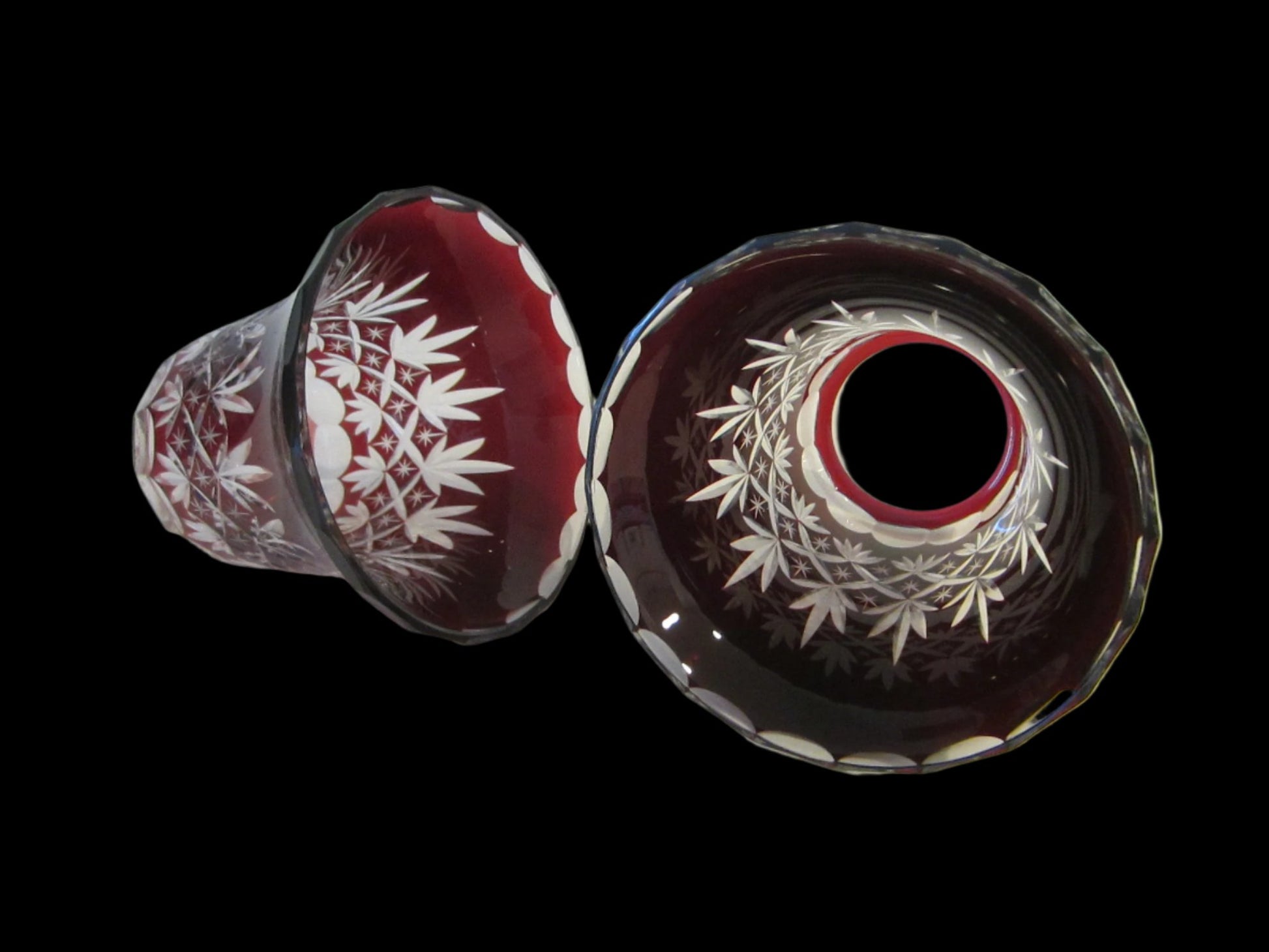 Cut Overlay Burgundy Glass Bowls Clear Finger Loop - Designer Unique Finds 