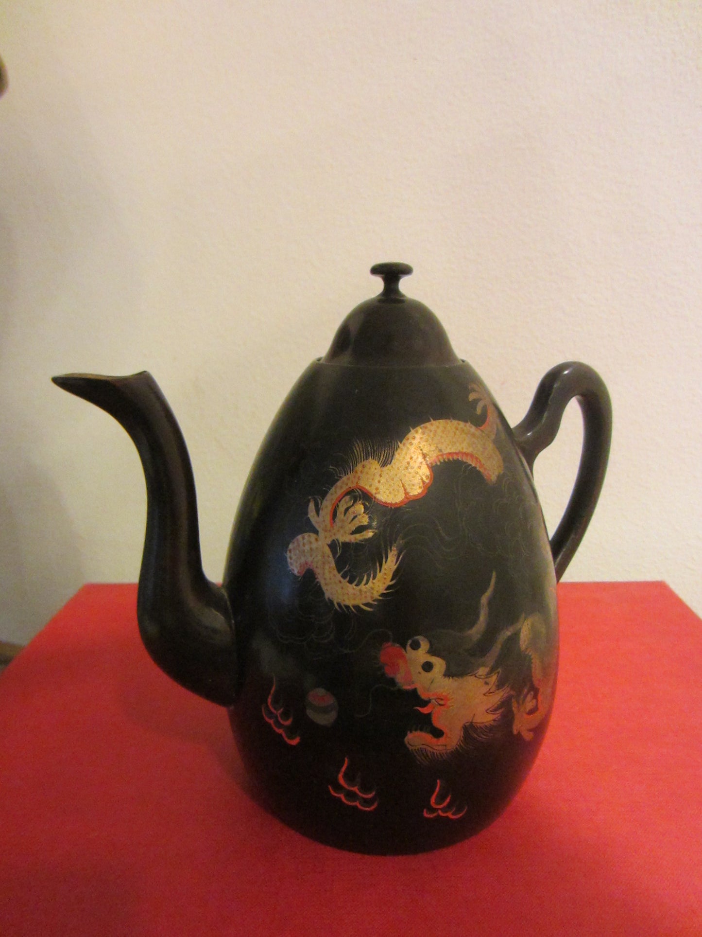 Lacquered Black Teapot Gold Dragon Signed Shin Shao Anseukee Foochow China - Designer Unique Finds 