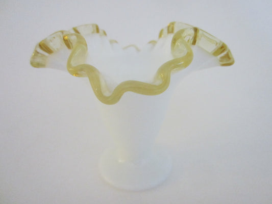 Milk Glass Golden Sheen Art Glass Ruffled Vase - Designer Unique Finds 