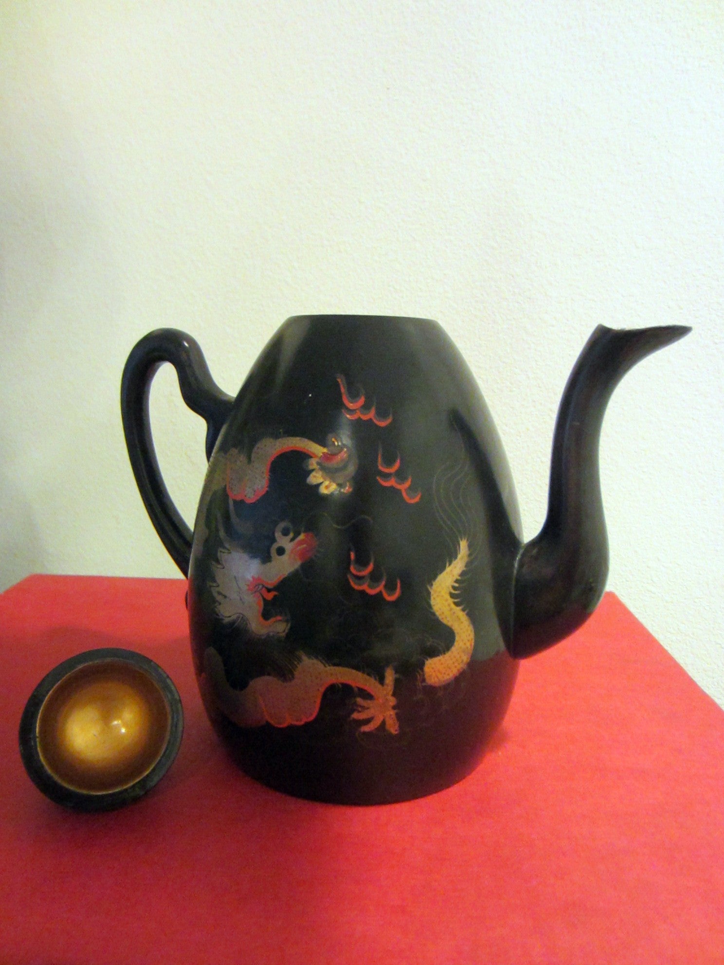 Lacquered Black Teapot Gold Dragon Signed Shin Shao Anseukee Foochow China - Designer Unique Finds 