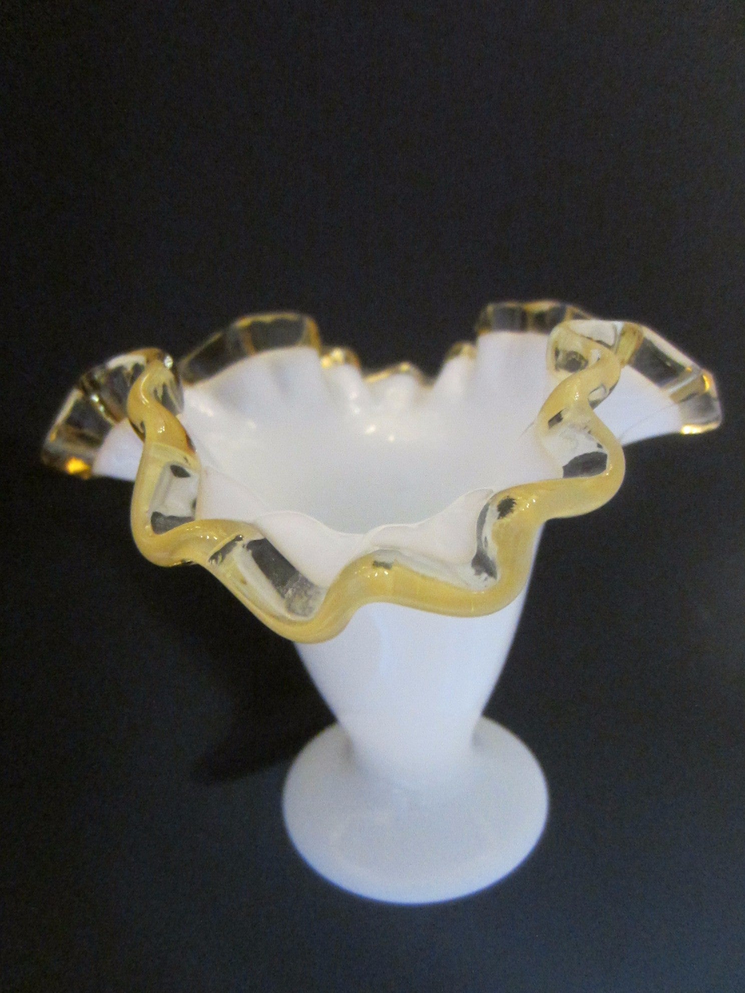 Milk Glass Golden Sheen Art Glass Ruffled Vase - Designer Unique Finds 