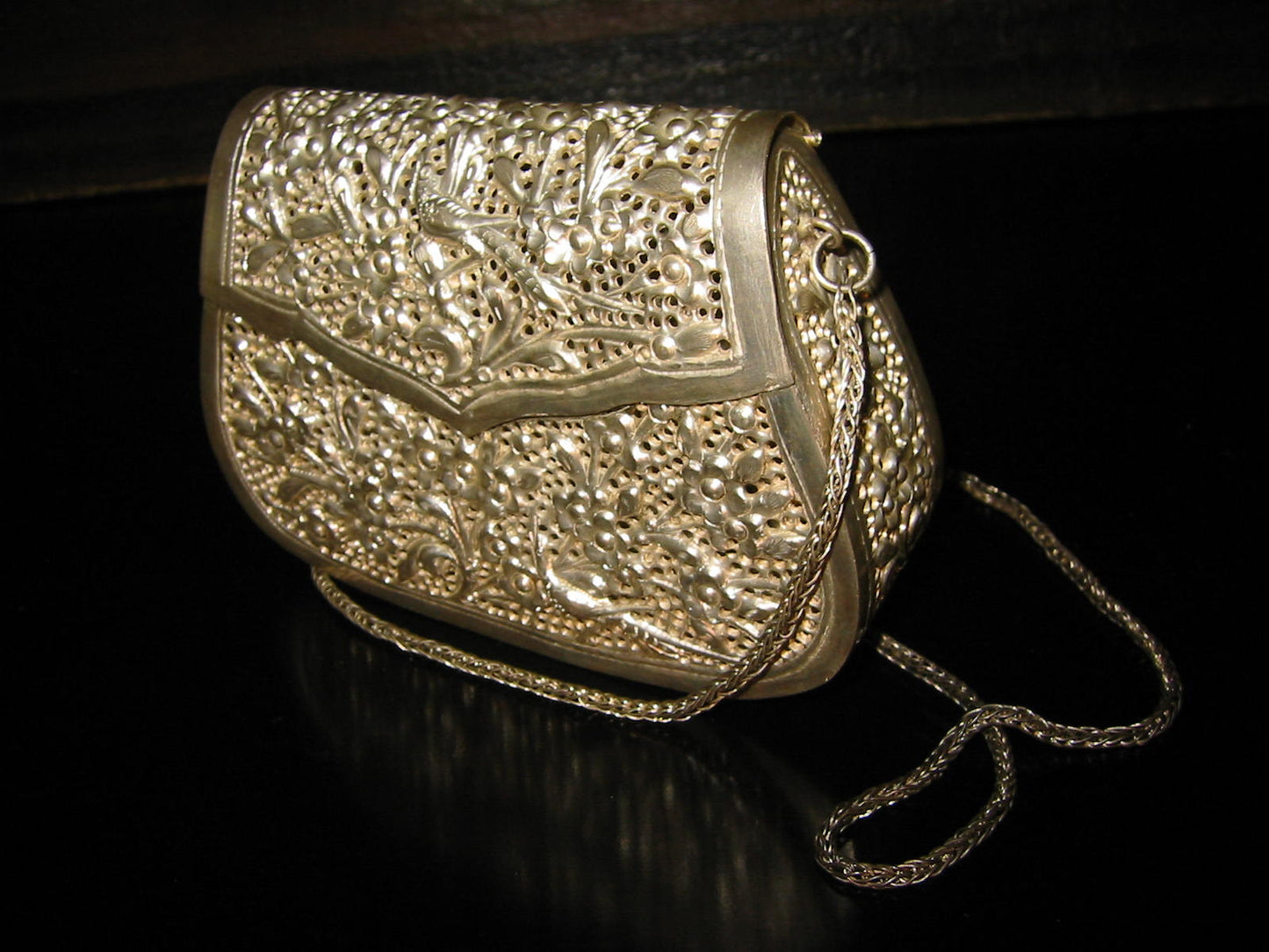 Silver Plated Filigree Purse Clutch Evening Bag Decorated Floral Birds - Designer Unique Finds 