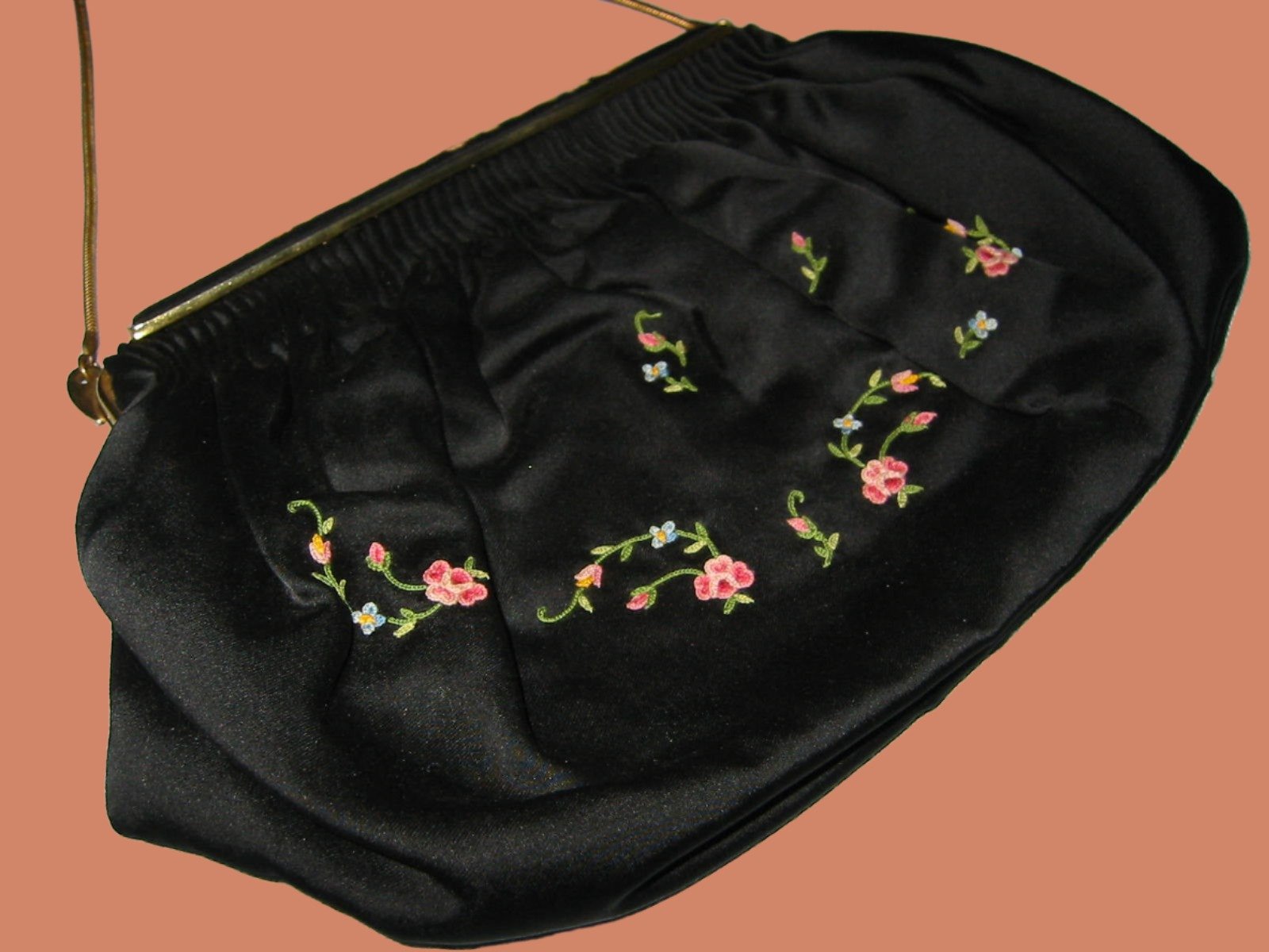 French Clutch Black Satin Purse Floral Embroidery Brass Chain Strap - Designer Unique Finds 
 - 1