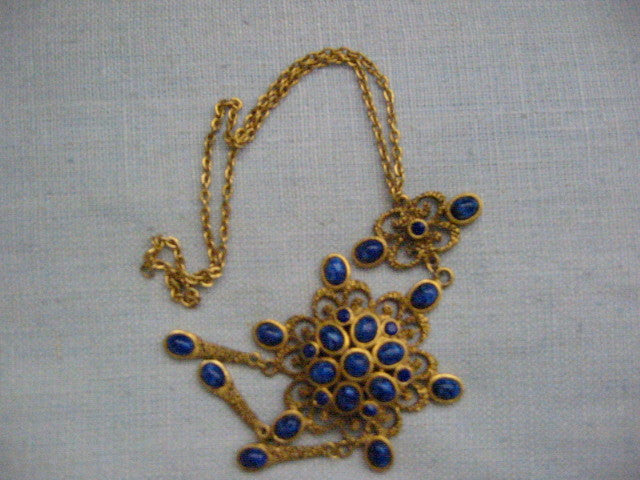 Starburst Necklace Blue Cabochons Flower Brass Pendant Chain Necklace - Designer Unique Finds 