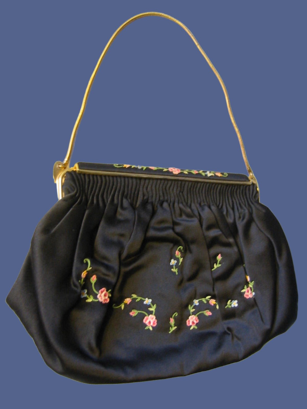 French Clutch Black Satin Purse Floral Embroidery Brass Chain Strap - Designer Unique Finds 
 - 2