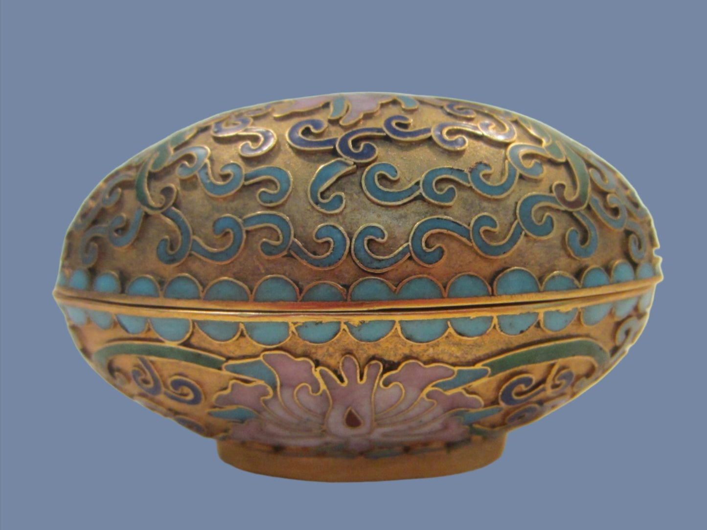 A Cloisonne Covered Pink Lotus Enameled Golden Egg Candleholder