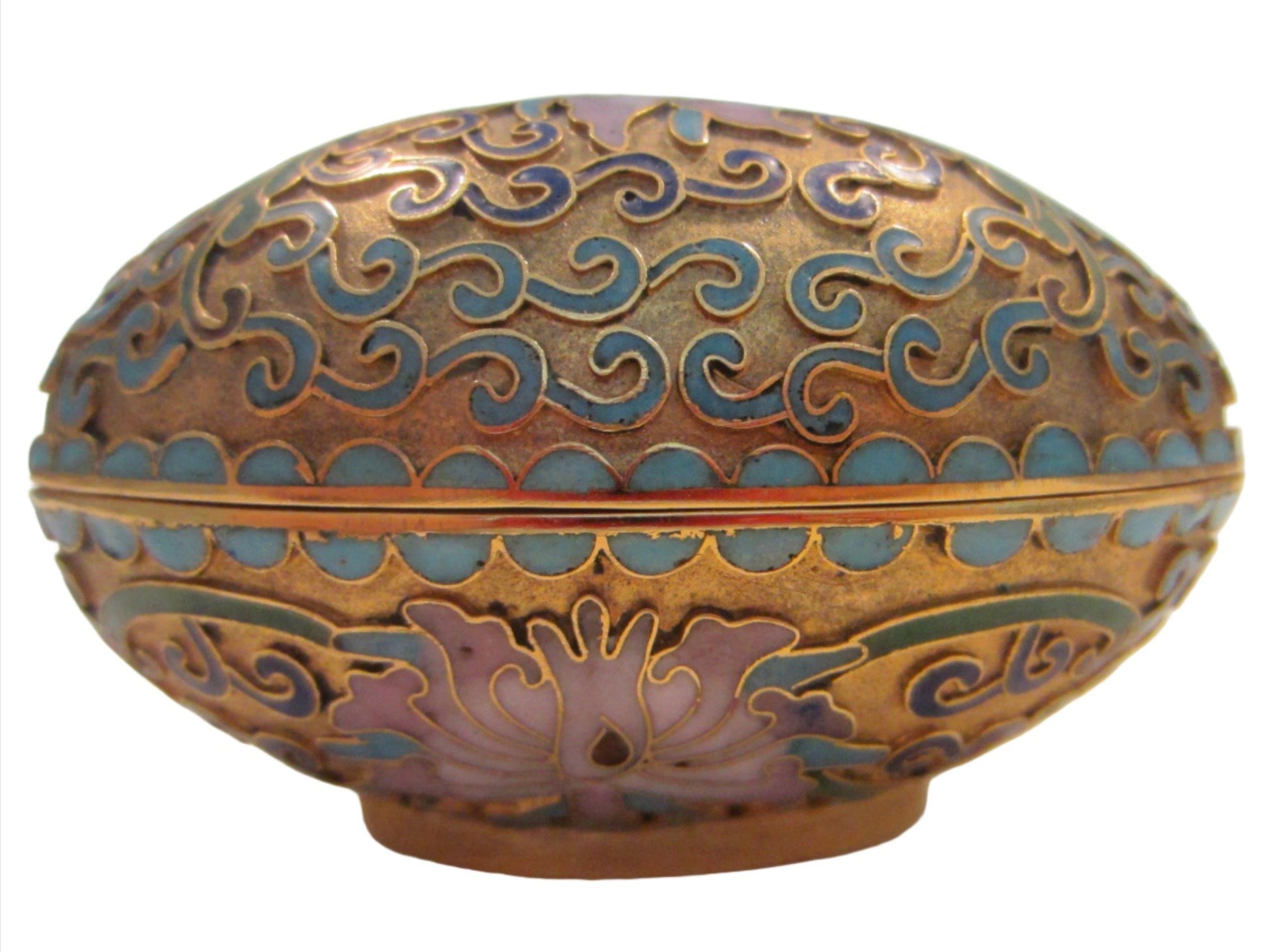 Asian Covered Egg Floral Enameling Engraved Brass Candle Holder