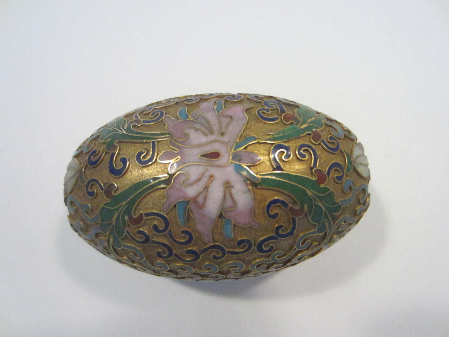 A Cloisonne Covered Pink Lotus Enameled Golden Egg Candleholder