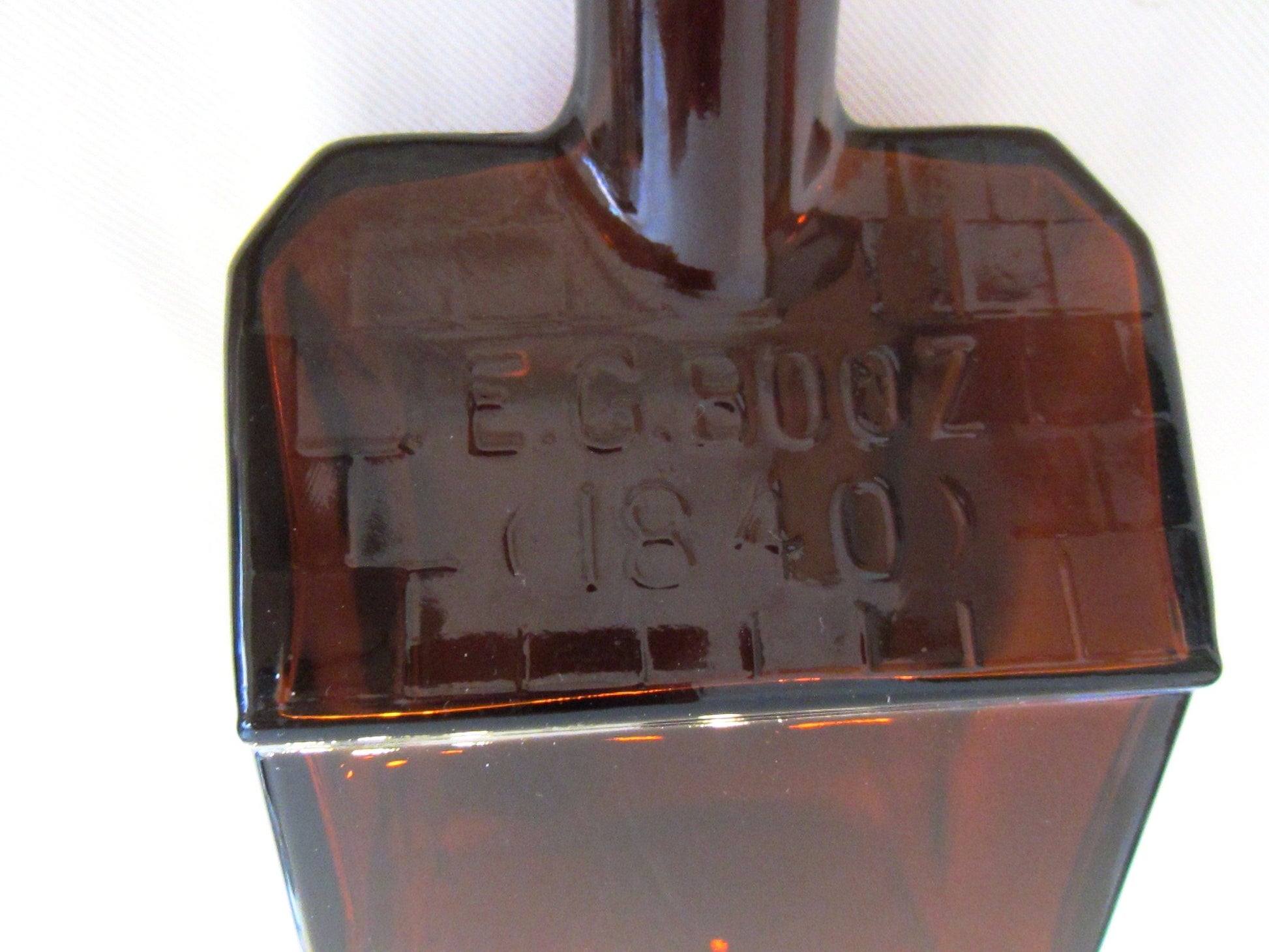 Amber Glass Whiskey Decanter EG Booz Liquor Bottle - Designer Unique Finds 