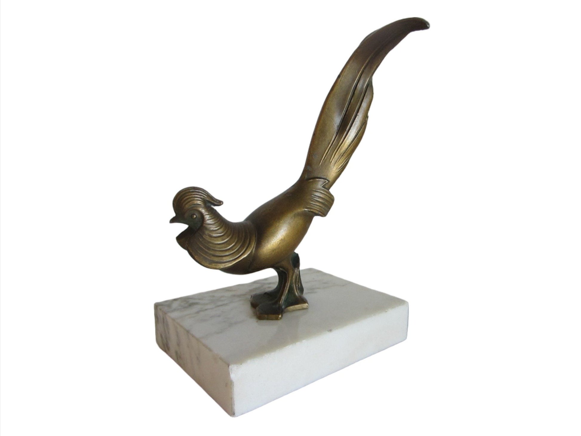 Bronze Rooster Abstract Folk Art On White Marble Base