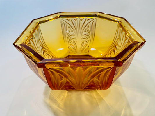 Germany Amber Glass Hexagonal Bowl Mid Century Floral Relief