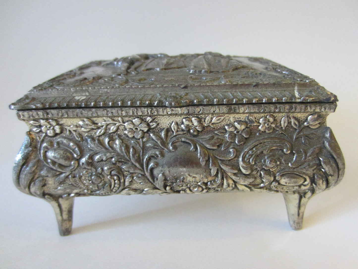 Victorian Style Silver Jewelry Box Figurative Floral Theme Japan - Designer Unique Finds 