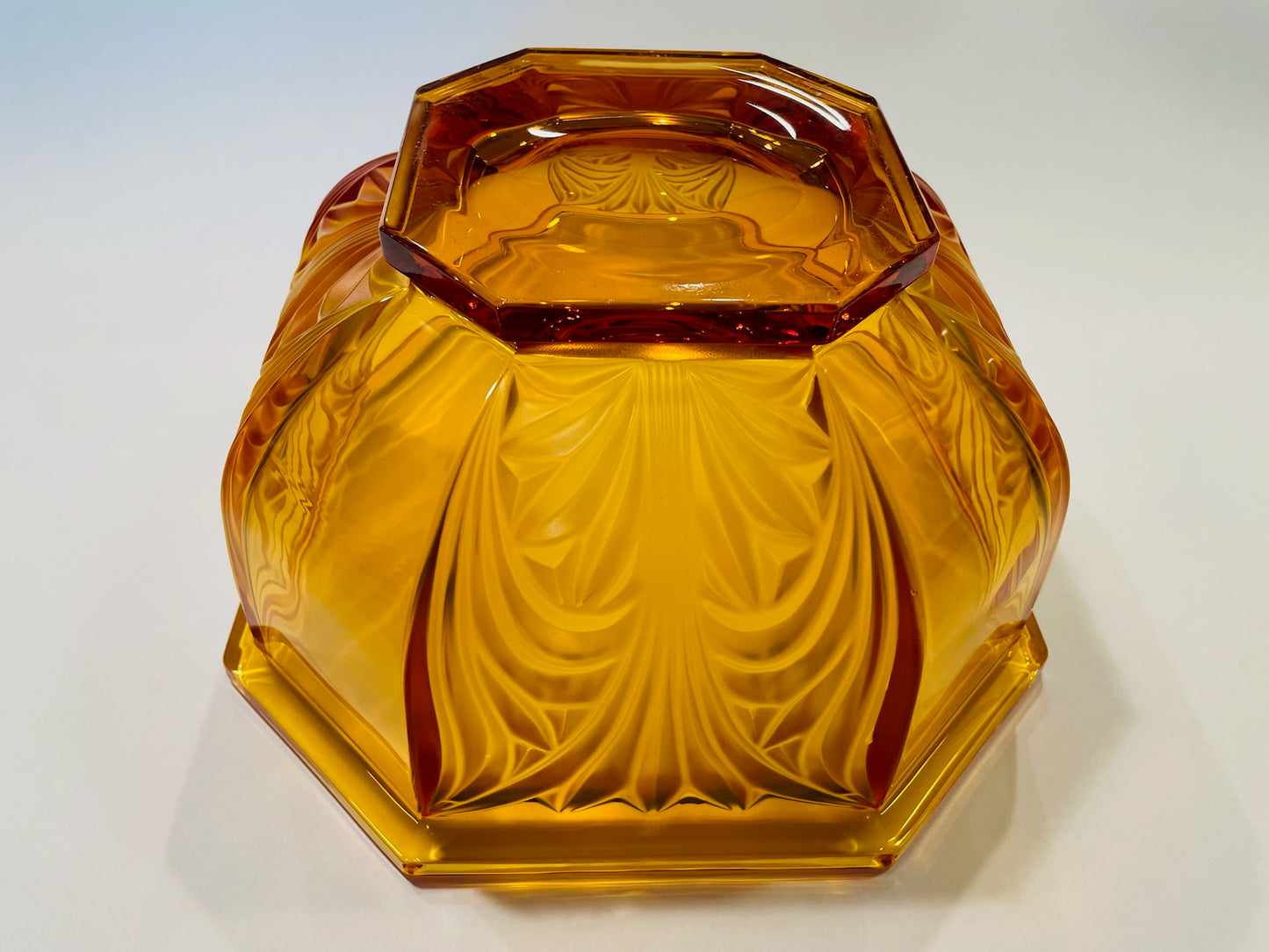 Germany Amber Glass Hexagonal Bowl Mid Century Floral Relief