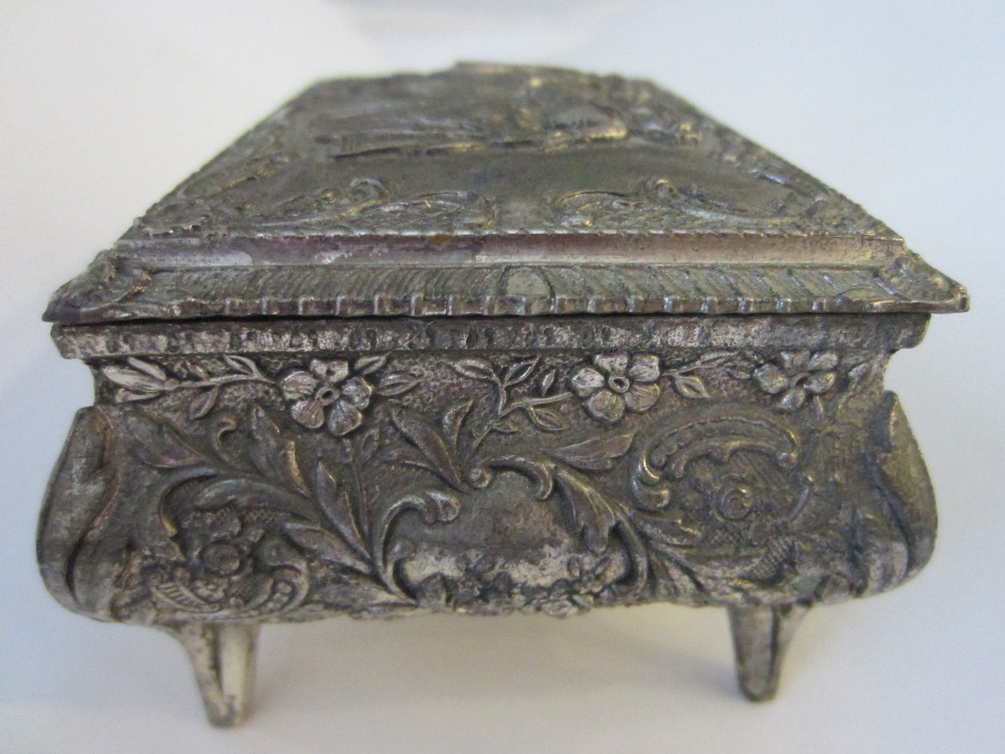 Victorian Style Silver Jewelry Box Figurative Floral Theme Japan - Designer Unique Finds 