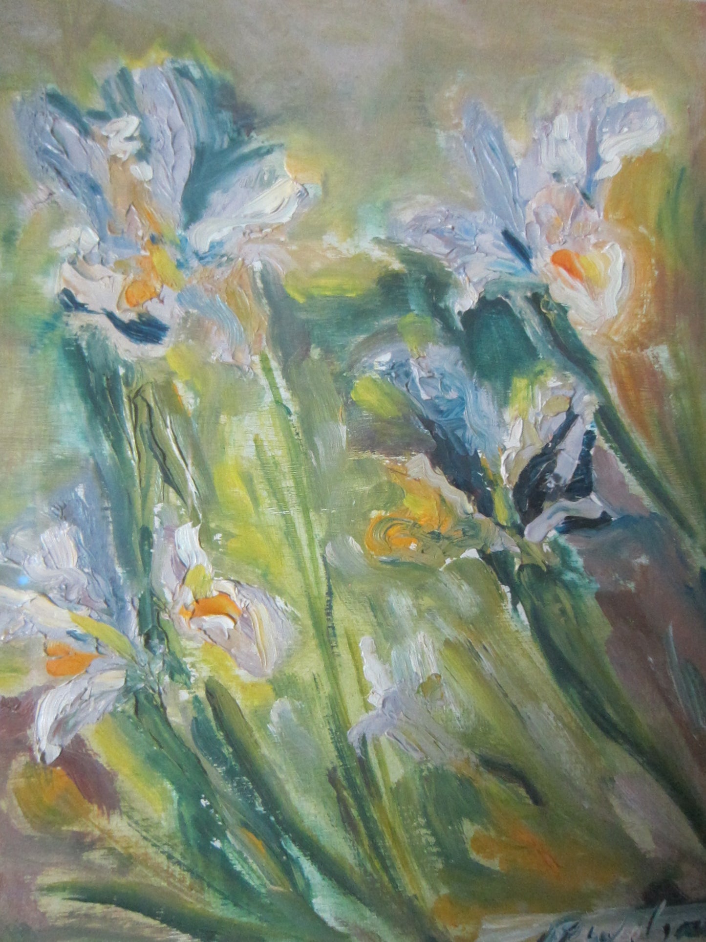 Still Life Irises Signed Oil On Board Untitled Painting