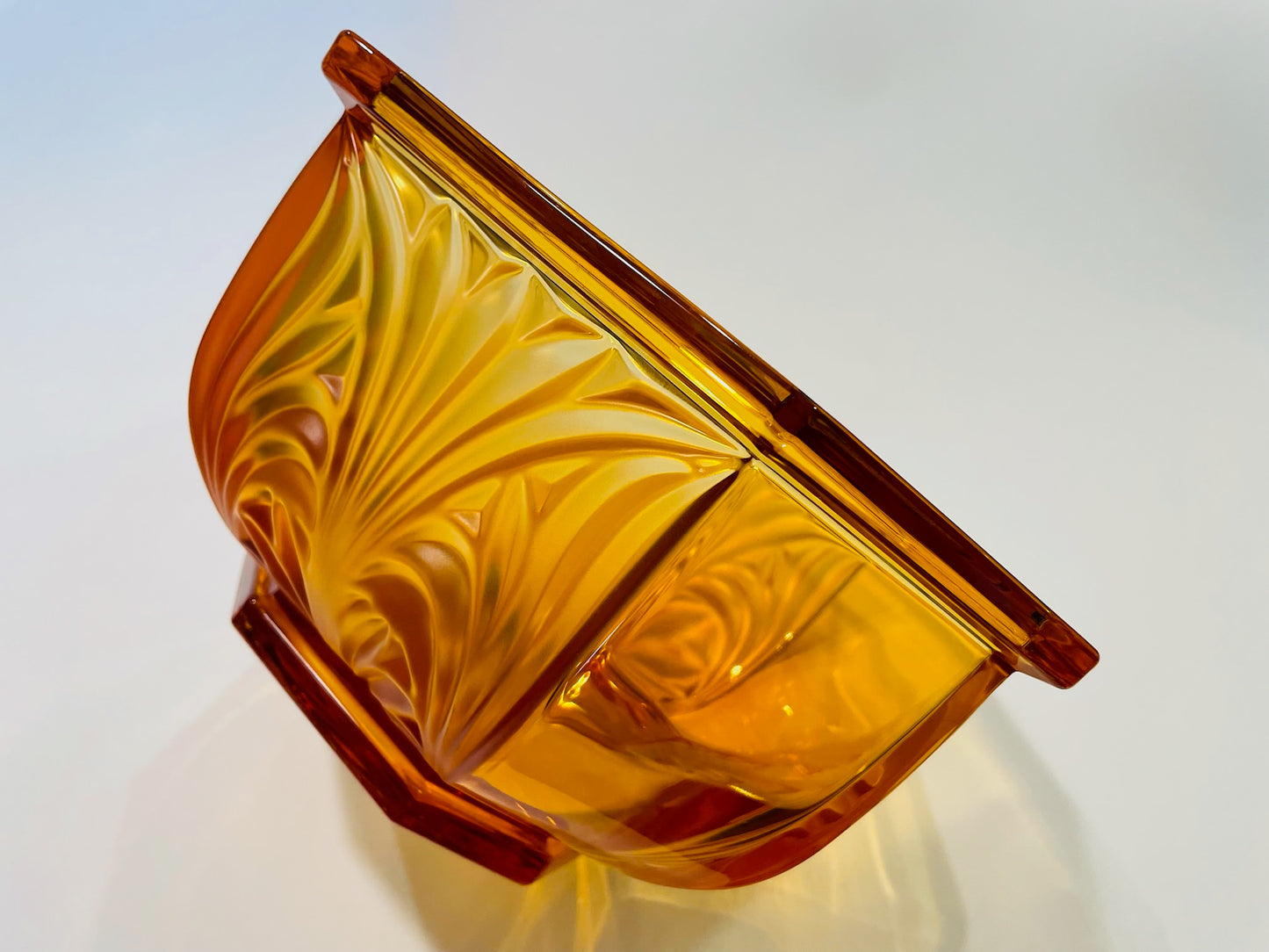 Germany Amber Glass Hexagonal Bowl Mid Century Floral Relief