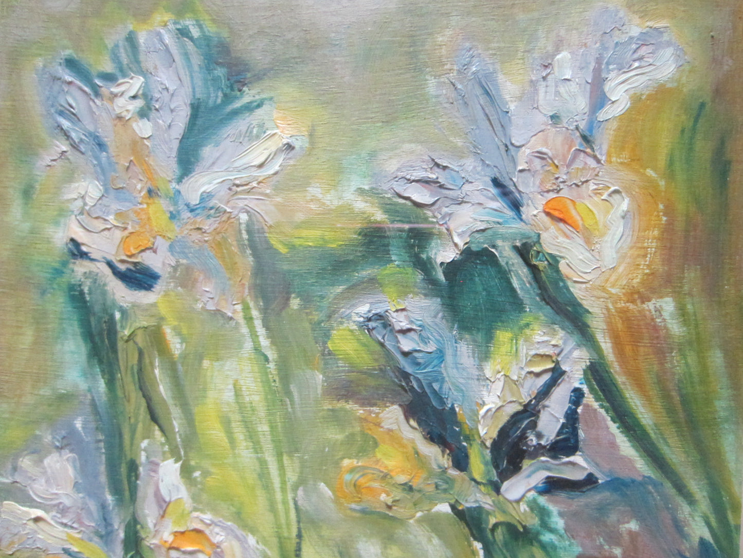 Still Life Irises Signed Oil On Board Untitled Painting