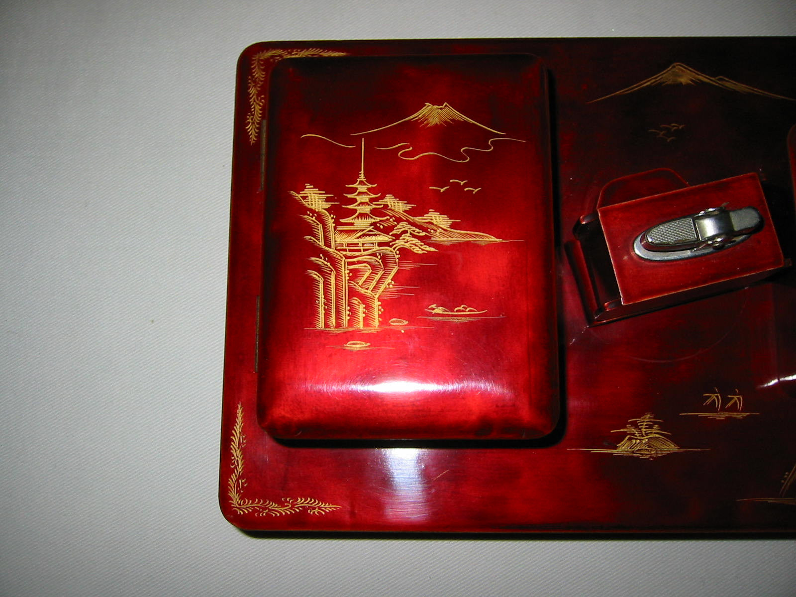 Chinoiserie Red Lacquered Figurative Dutch Music Box Smoking Set - Designer Unique Finds 
 - 4