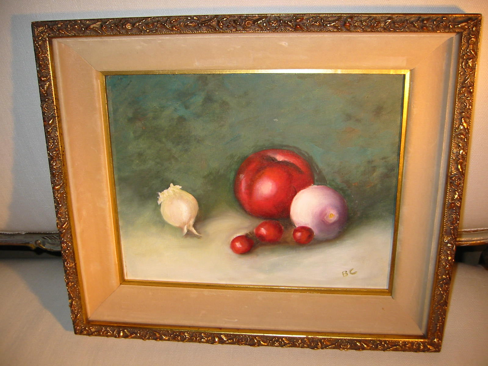 Still Life Fruits Vegetables Oil On Canvas Monogrammed BC - Designer Unique Finds 