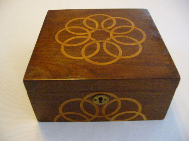 Mahogany Jewelry Box Art Deco Lined Decorated Inlaid Maple Marquetry - Designer Unique Finds 