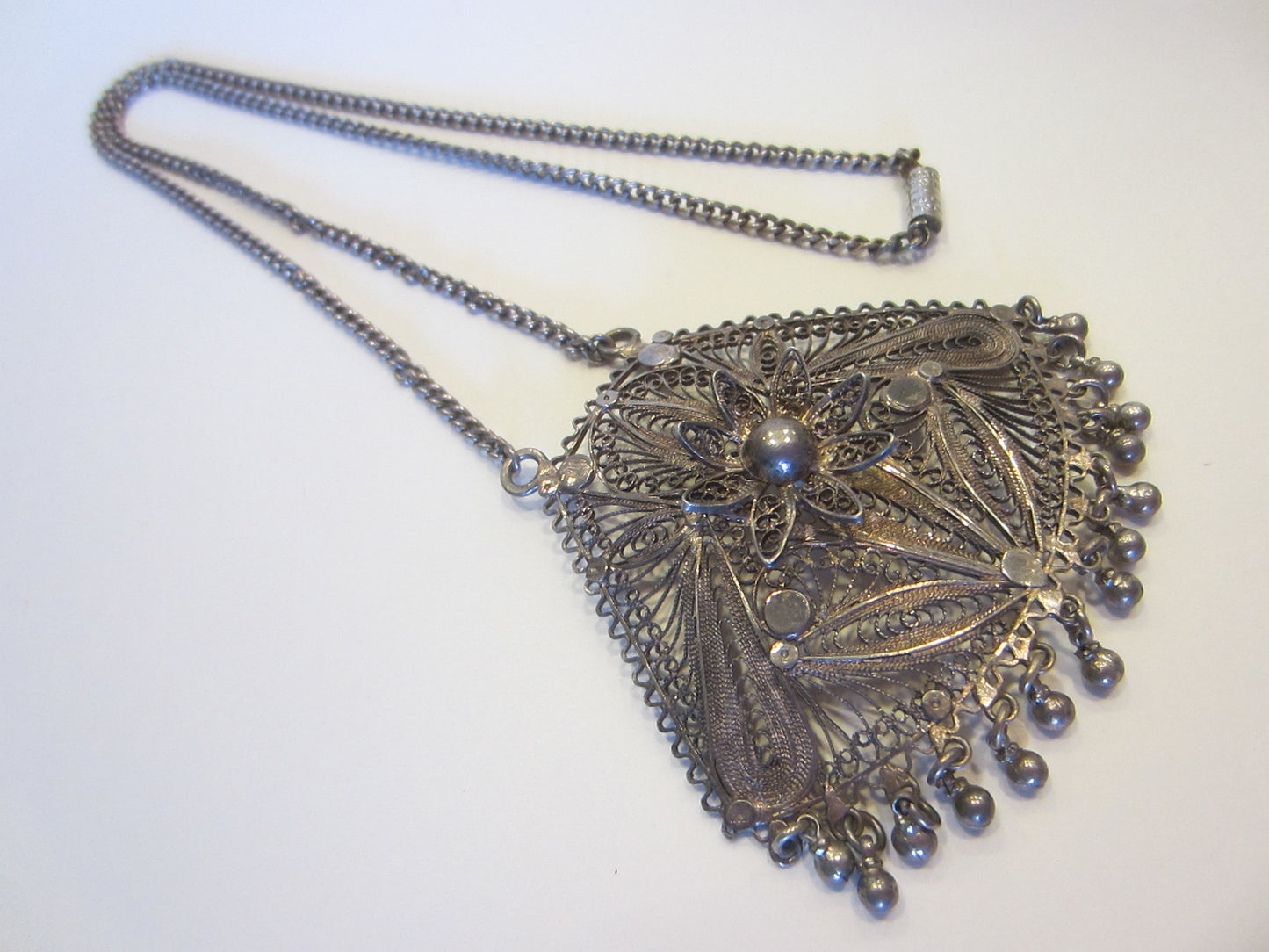Silver Filigree Mesh Pendant Chain Necklace Floral Beading Decoration - Designer Unique Finds 