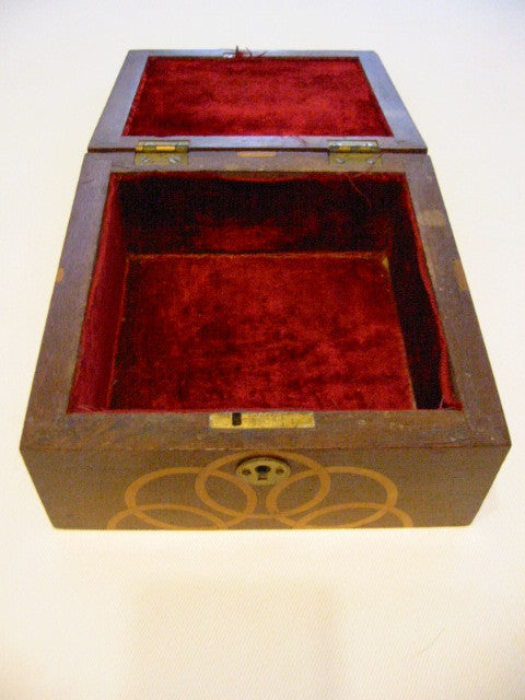 Mahogany Jewelry Box Art Deco Lined Decorated Inlaid Maple Marquetry - Designer Unique Finds 