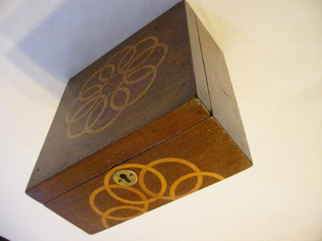 Mahogany Jewelry Box Art Deco Lined Decorated Inlaid Maple Marquetry - Designer Unique Finds 