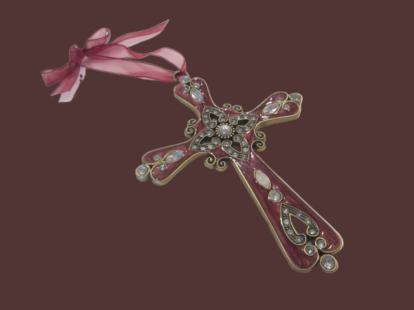 Jeweled Tone Cross Ornament Red Enamel Crystals On Brass