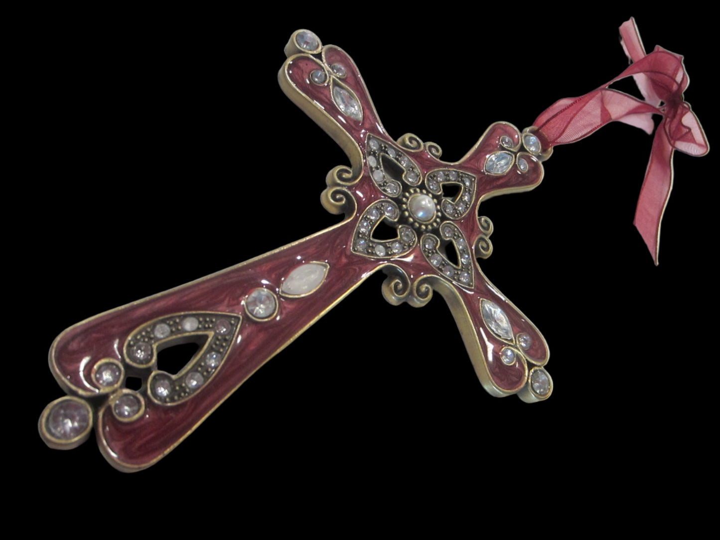 Jeweled Tone Cross Ornament Red Enamel Crystals On Brass