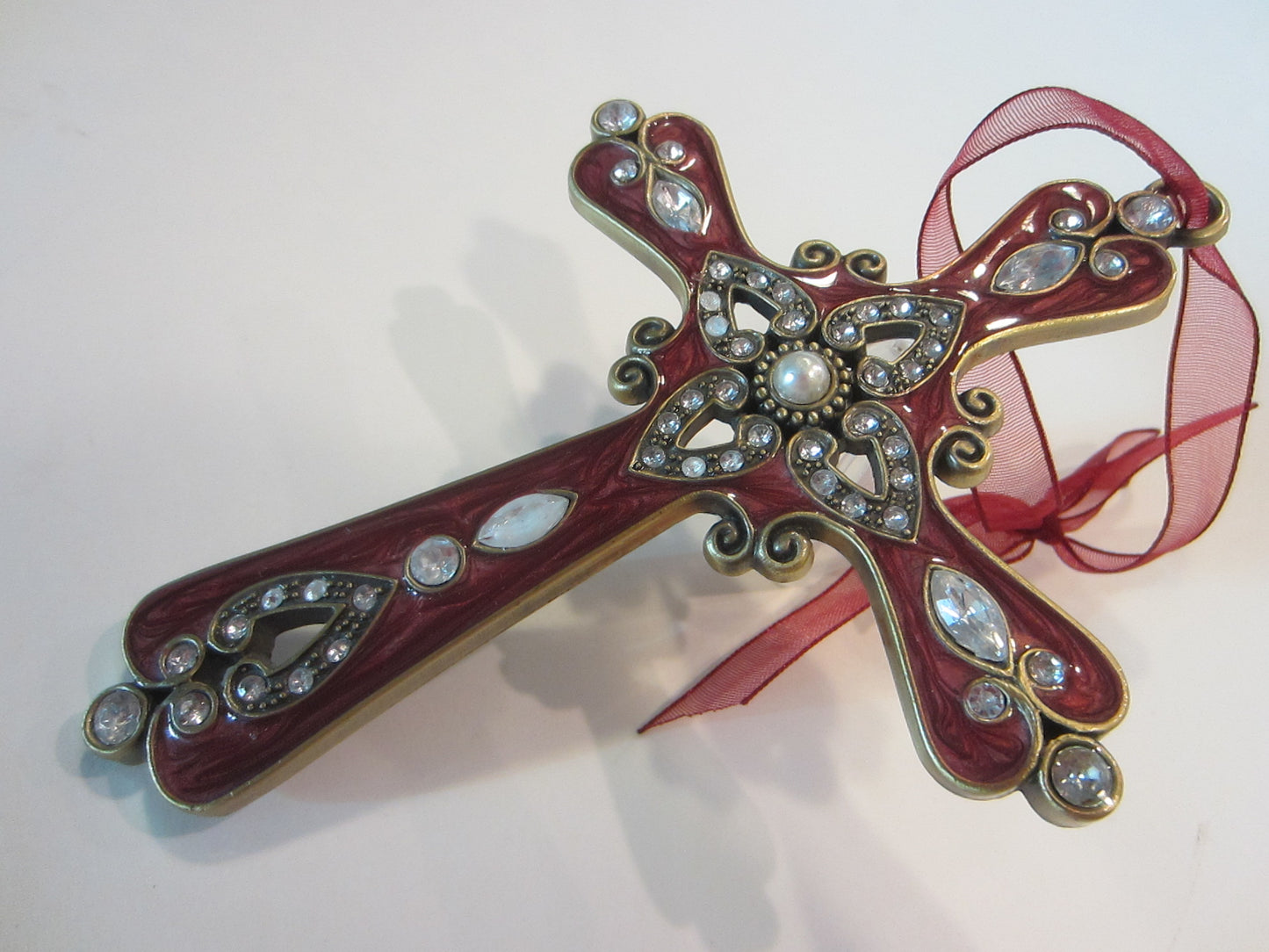 Jeweled Tone Cross Ornament Red Enamel Crystals On Brass