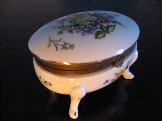 Porcelain Floral Enameling Relief Footed Oval Jewelry Box - Designer Unique Finds 