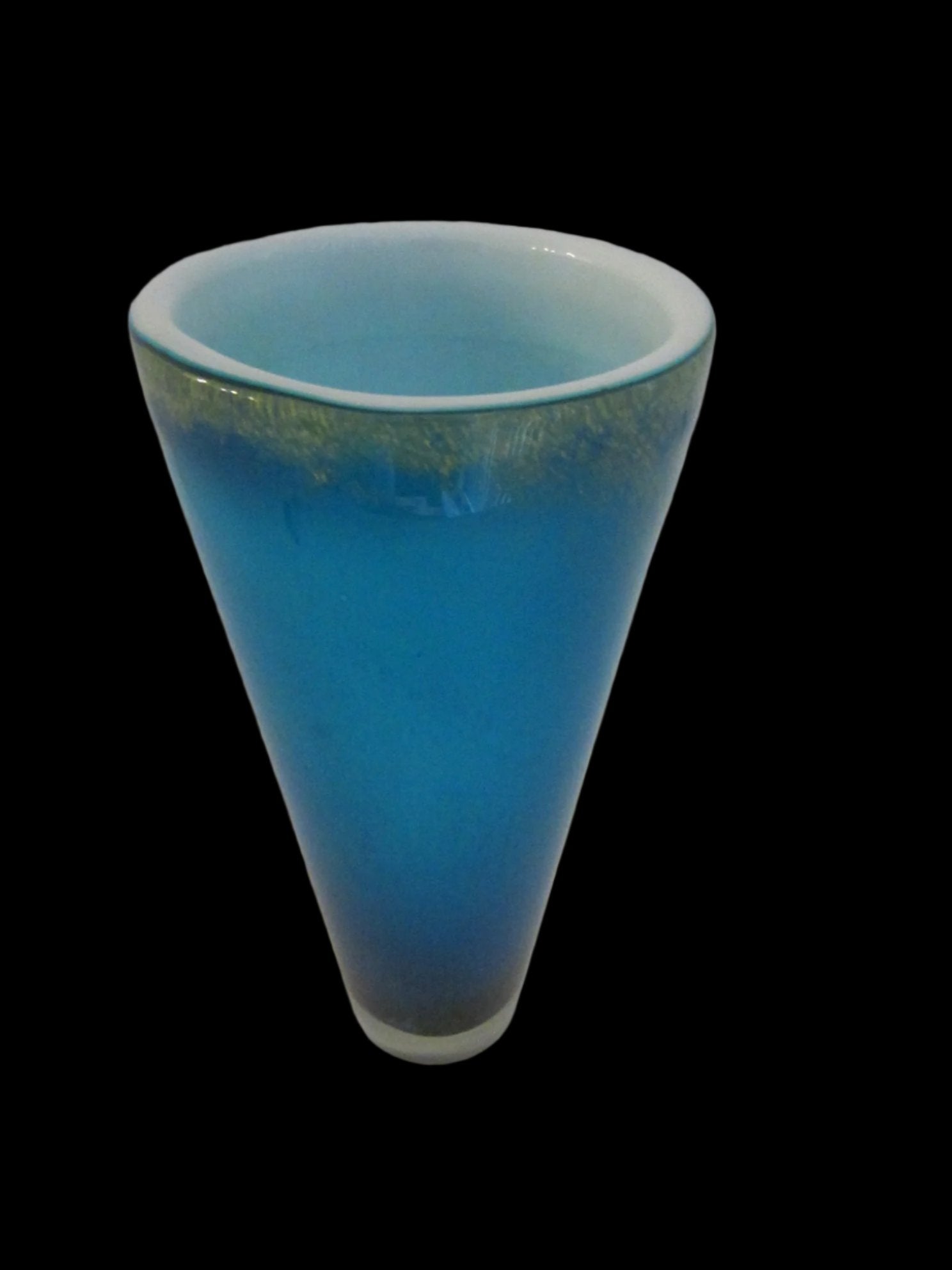 Venetian Glass Blue Vase Millefiori Geometric Gold Inclusion - Designer Unique Finds 