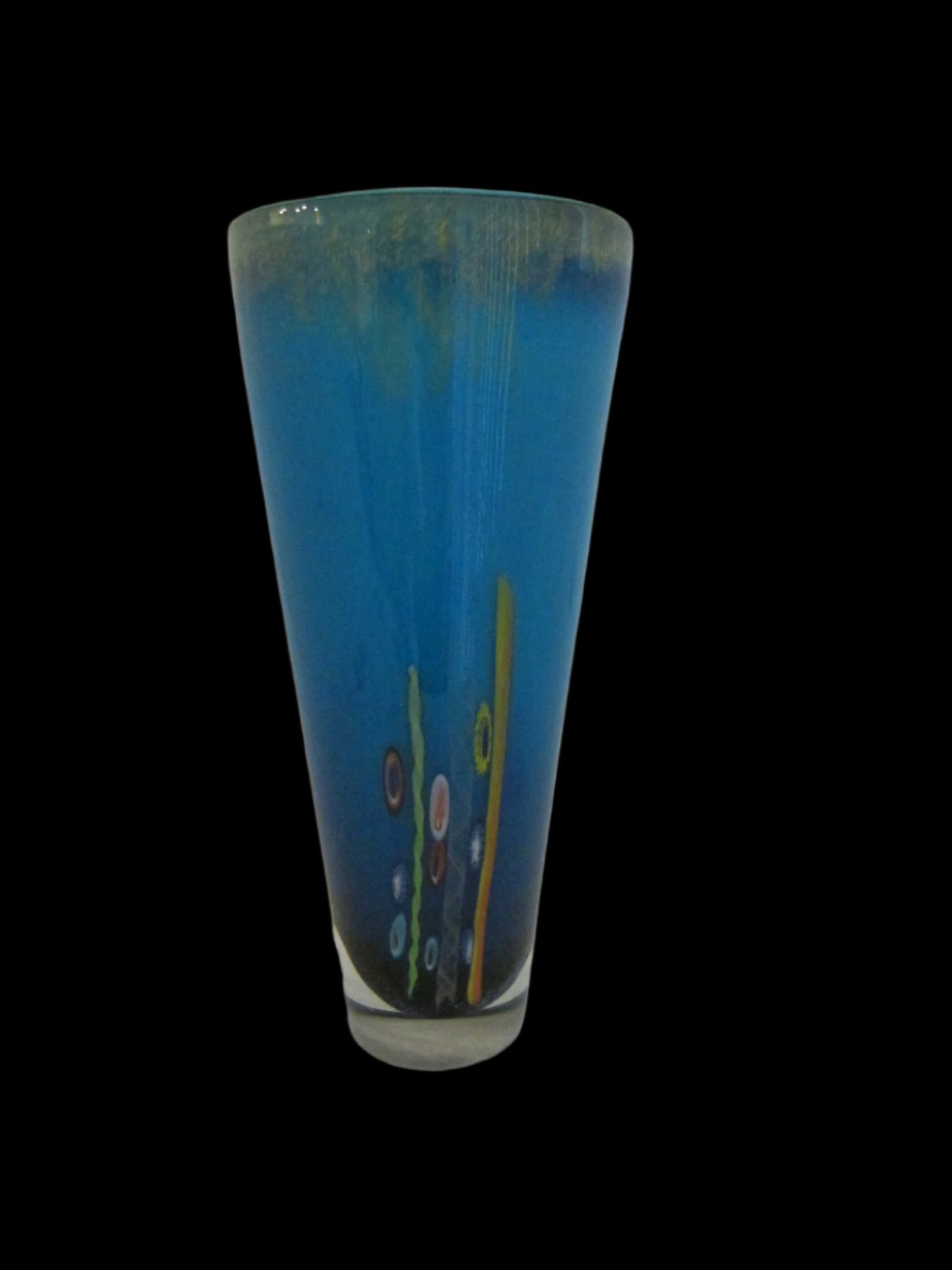 Venetian Glass Blue Vase Millefiori Geometric Gold Inclusion - Designer Unique Finds 