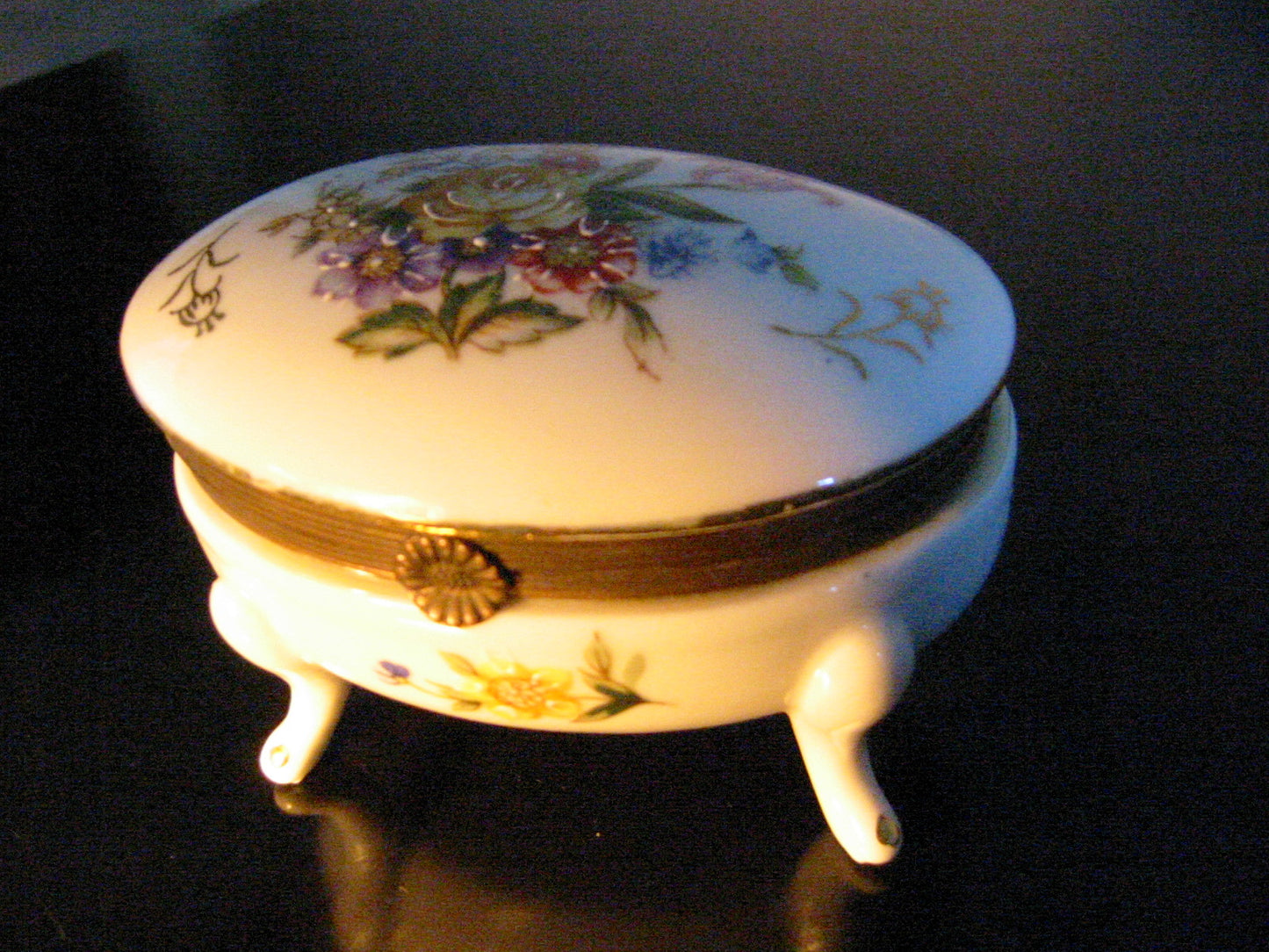 Porcelain Floral Enameling Relief Footed Oval Jewelry Box - Designer Unique Finds 