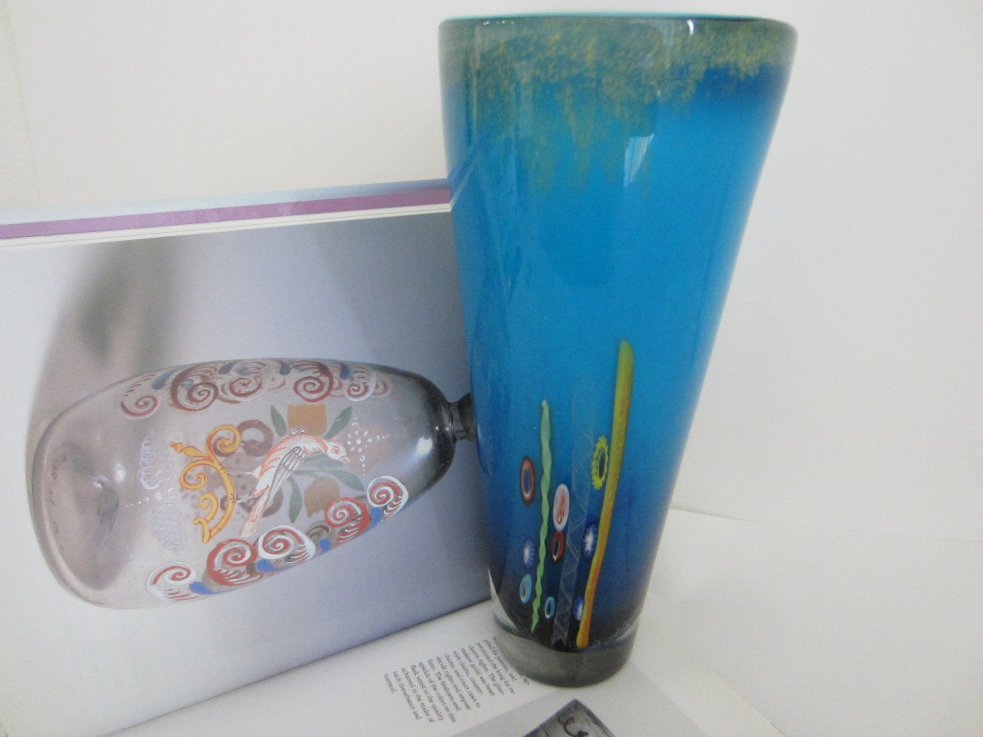 Venetian Glass Blue Vase Millefiori Geometric Gold Inclusion - Designer Unique Finds 