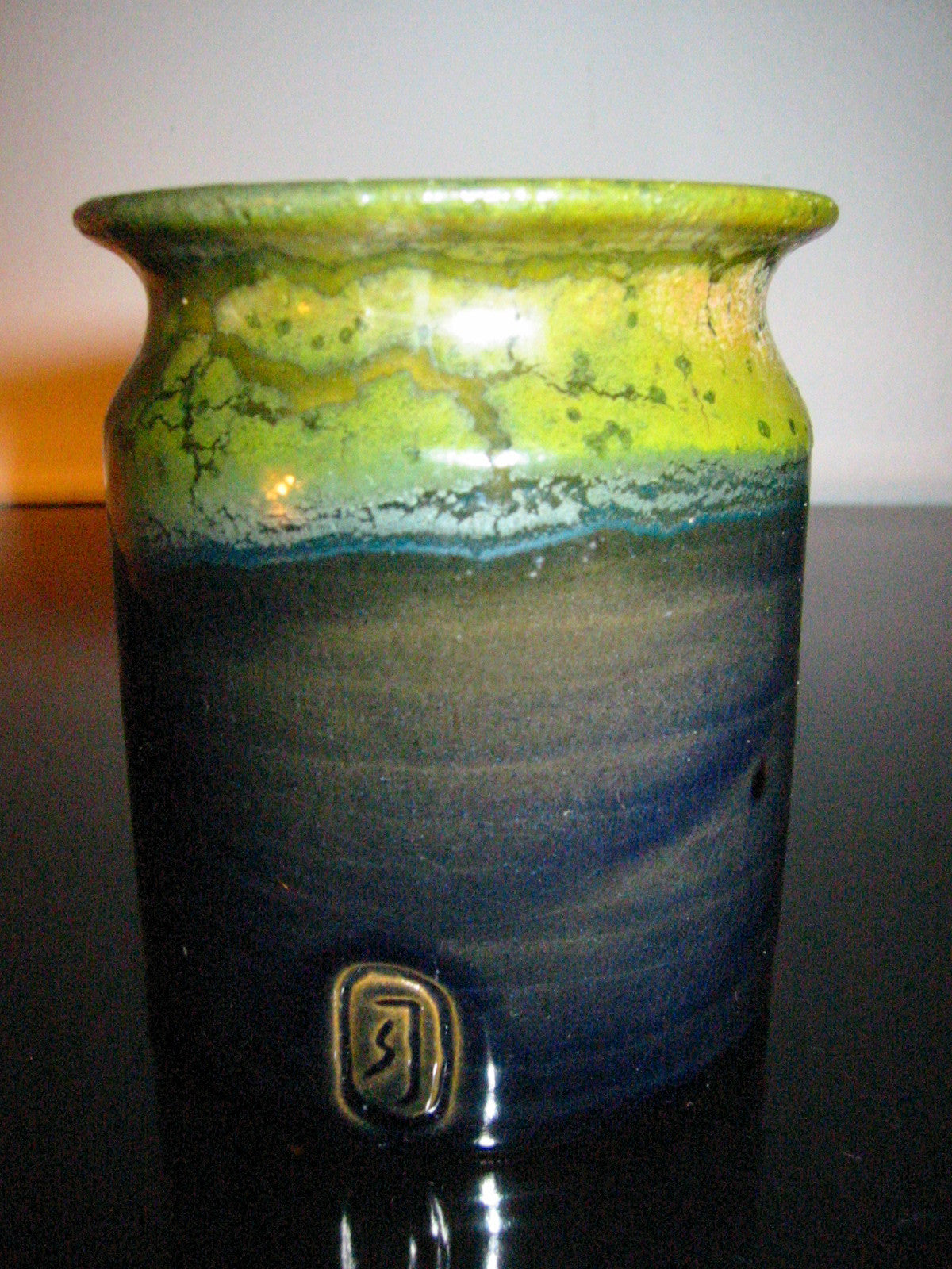 Danmark Glazed Blue Ceramic Vessel  Artist Monogram - Designer Unique Finds 