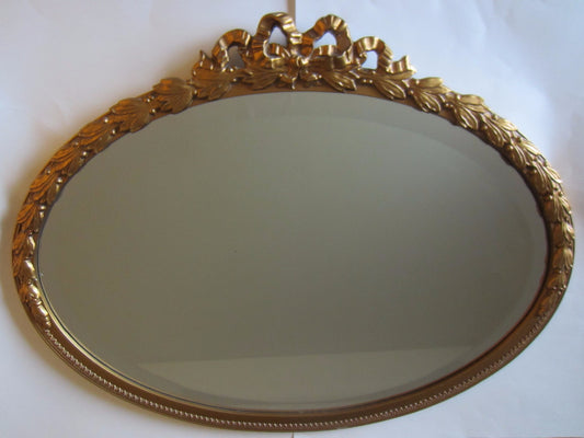 Rococo Style Oval Beveled Gold Mirror Ribbon And Bow Crest - Designer Unique Finds 