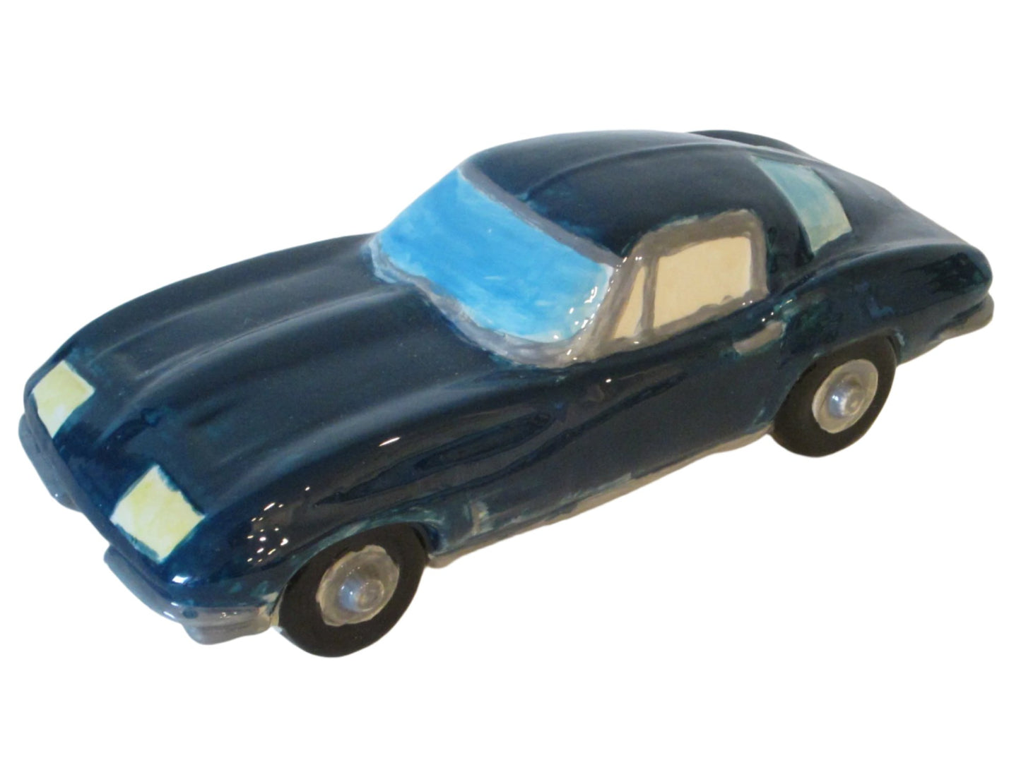 Blue Model Car Folk Art Modern Hand Decorated Glazed Chalk Ware - Designer Unique Finds 