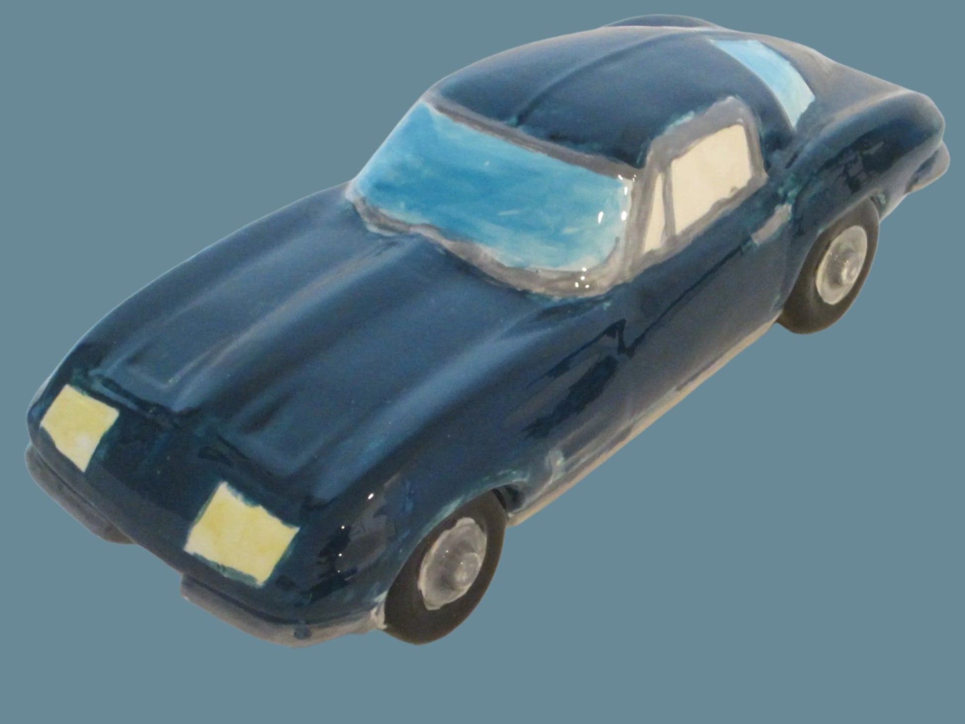 Blue Model Car Folk Art Modern Hand Decorated Glazed Chalk Ware - Designer Unique Finds 