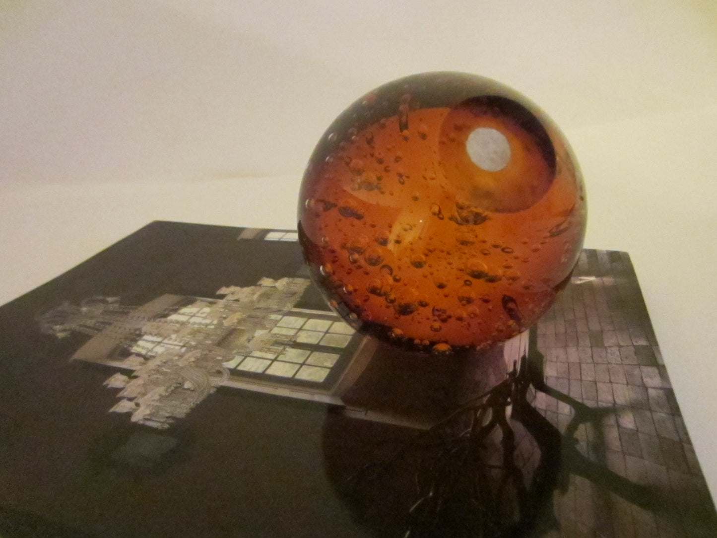 Amber Glass Sphere Globe Golden Paperweight Controlled Bubbles Mid Century Modern Art