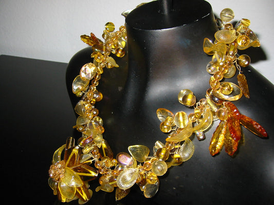 Citrine Necklace Modernist Glass Petals Decorative Flower Statement - Designer Unique Finds 